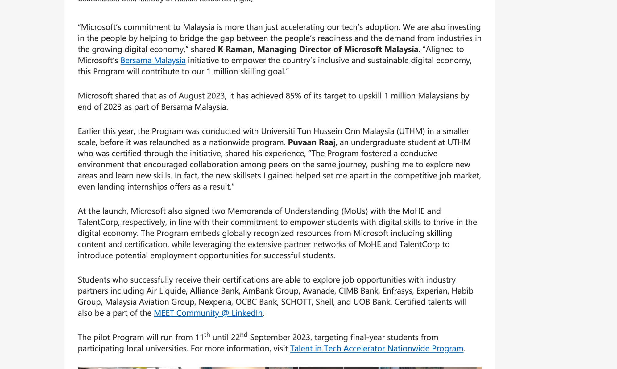 Excerpt from the Microsoft News Centre Malaysia article quoting Puvaan Raaj on the Talent in Tech Accelerator program.
